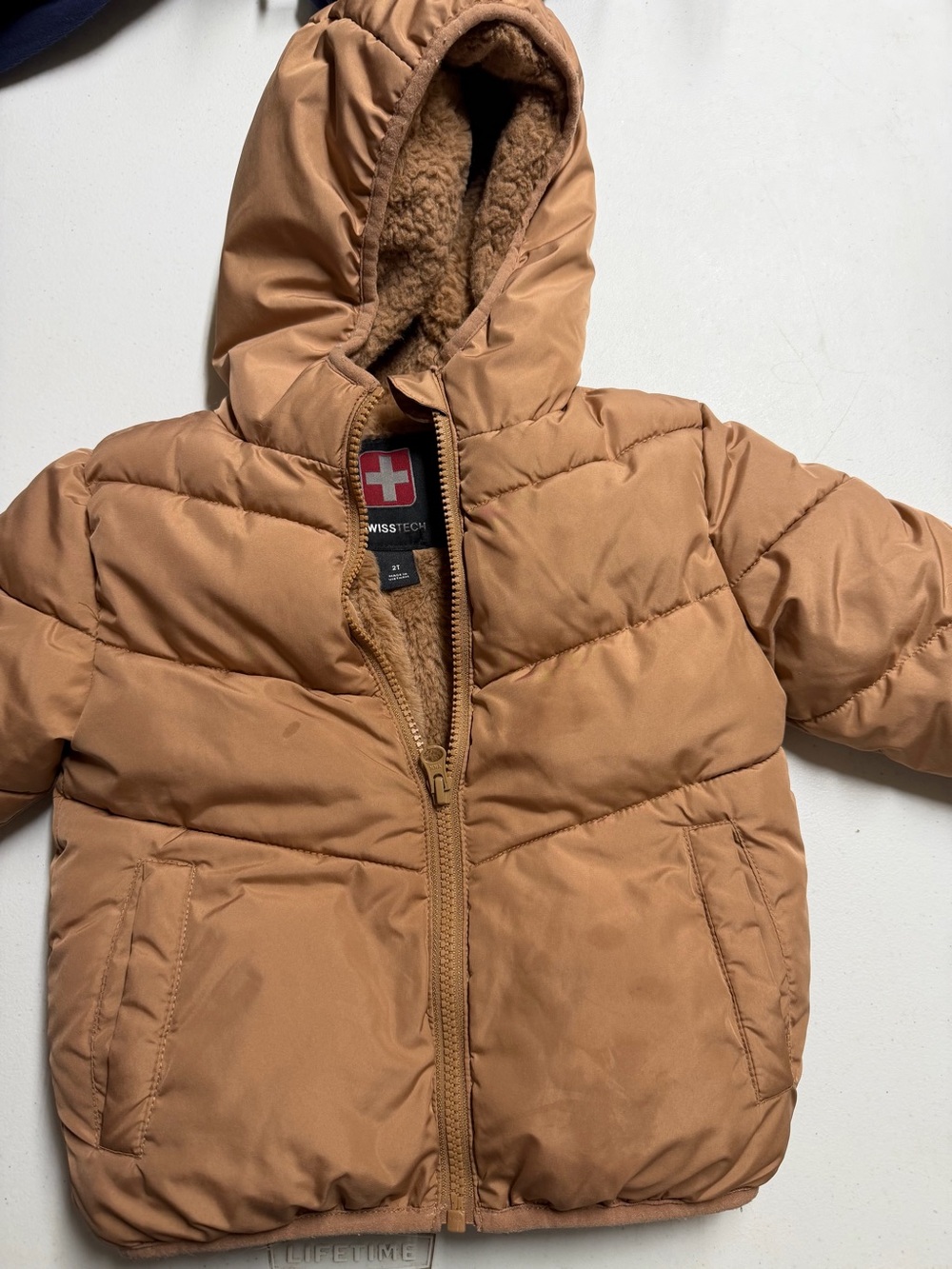 Swiss Tech Kids Tan Hooded Puffer Jacket with Sherpa Lining size 2